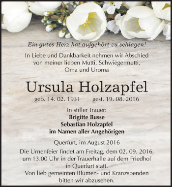 Traueranzeige von Ursula Holzapfel von Mitteldeutsche Zeitung Merseburg/Querfurt