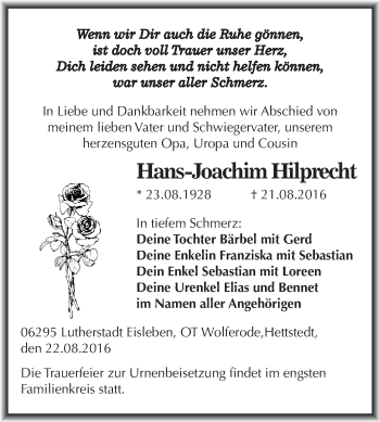 Traueranzeige von Hans-Joachim Hilprecht von Wochenspiegel Mansfelder Land