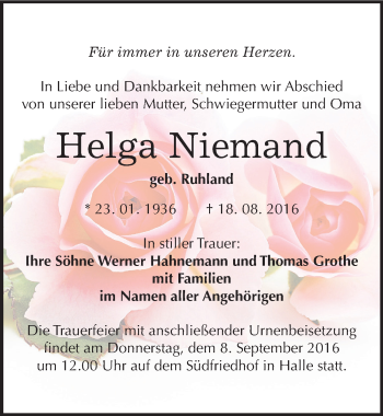 Traueranzeige von Helga Niemand von Mitteldeutsche Zeitung Halle/Saalkreis