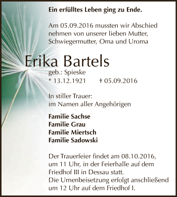 Traueranzeige von Erika Bartels von WVG - Wochenspiegel Dessau / Köthen