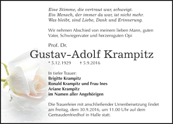 Traueranzeige von Gustav-Adolf Krampitz von Mitteldeutsche Zeitung Halle/Saalkreis