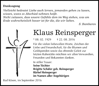 Traueranzeige von Klaus Reinsperger von Mitteldeutsche Zeitung Naumburg/Nebra
