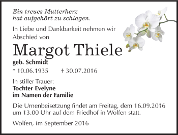 Traueranzeige von Margot Thiele von Mitteldeutsche Zeitung Bitterfeld