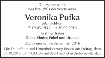 Traueranzeige von Veronika Pufka von WVG - Wochenspiegel Wittenberg