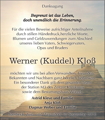 Traueranzeige von Werner  Kloß von Mitteldeutsche Zeitung Zeitz