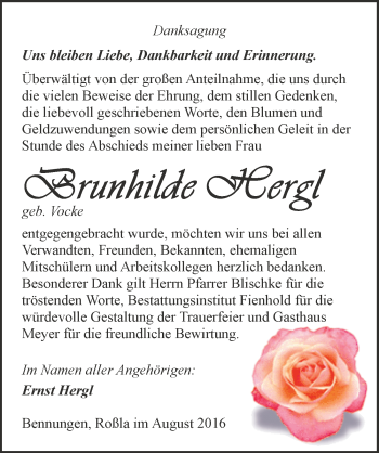 Traueranzeige von Brunhilde Hergl von Mitteldeutsche Zeitung Sangerhausen