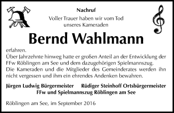 Traueranzeige von Bernd Wahlmann von Mitteldeutsche Zeitung Mansfelder Land