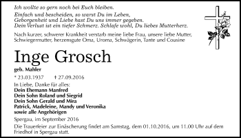 Traueranzeige von Inge Grosch von Mitteldeutsche Zeitung Merseburg/Querfurt