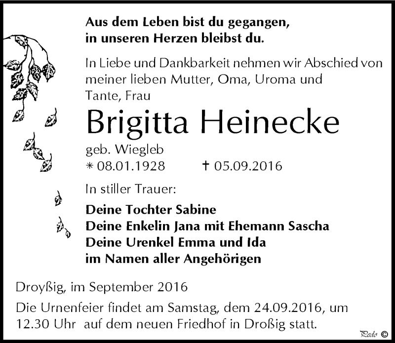  Traueranzeige für Brigitta Heinecke vom 17.09.2016 aus Mitteldeutsche Zeitung Zeitz