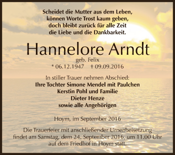 Traueranzeige von Hannelore Arndt von Super Sonntag Aschersleben
