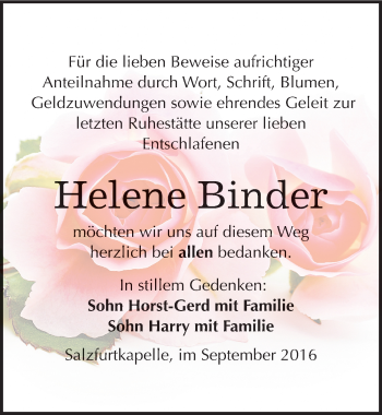 Traueranzeige von Helene Binder von Mitteldeutsche Zeitung Bitterfeld