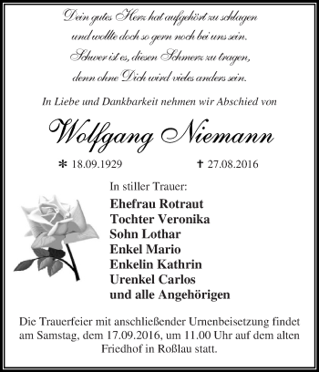 Traueranzeige von Wolfgang Niemann von WVG - Wochenspiegel Dessau / Köthen