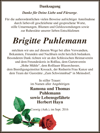 Traueranzeige von Brigitte Puhlemann von WVG - Wochenspiegel Dessau / Köthen