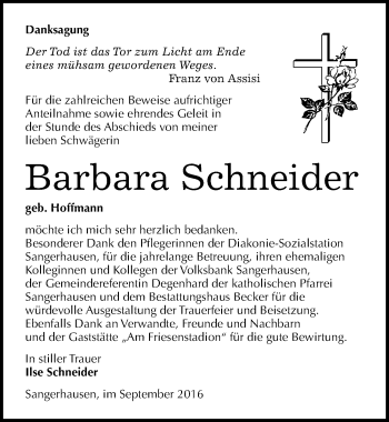 Traueranzeige von Barbara Schneider von Mitteldeutsche Zeitung Sangerhausen