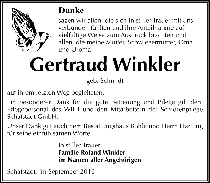  Traueranzeige für Gertraud Winkler vom 29.09.2016 aus Mitteldeutsche Zeitung Merseburg/Querfurt