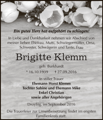 Traueranzeige von Brigitte Klemm von Super Sonntag Zeitz