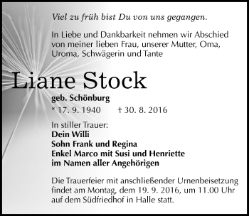 Traueranzeige von Liane Stock von Mitteldeutsche Zeitung Halle/Saalkreis
