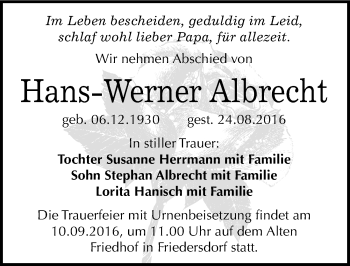 Traueranzeige von Hans-Werner Albrecht von Mitteldeutsche Zeitung Bitterfeld