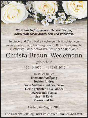 Traueranzeige von Christa Braun-Wedemann von Super Sonntag Bernburg