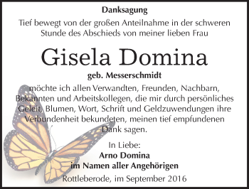 Traueranzeige von Gisela Domina von Mitteldeutsche Zeitung Sangerhausen