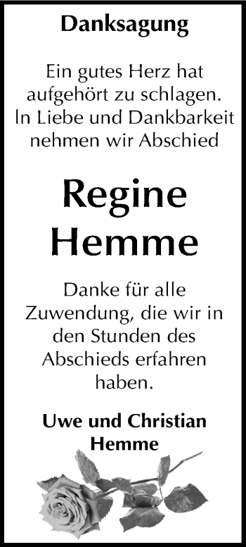 Traueranzeige von Regine Hemme von Mitteldeutsche Zeitung Dessau-Roßlau