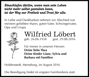 Traueranzeige von Wilfried Löbert von Mitteldeutsche Zeitung Sangerhausen