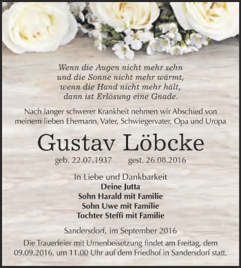 Traueranzeige von Gustav Löbcke von WVG - Wochenspiegel Bitterfeld