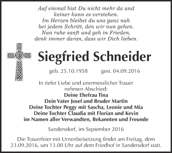 Traueranzeige von Siegfried Schneider von WVG - Wochenspiegel Bitterfeld