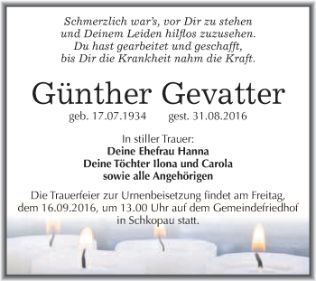 Traueranzeige von Günther Gevatter von WVG - Wochenspiegel Merseburg