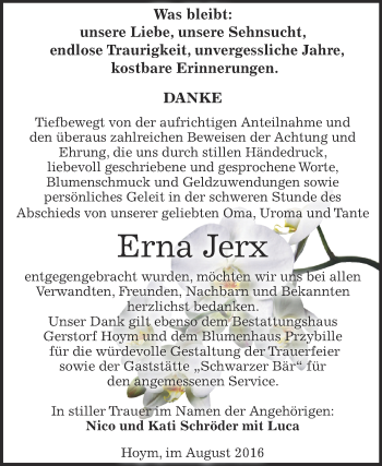 Traueranzeige von Erna Jerx von Super Sonntag Aschersleben