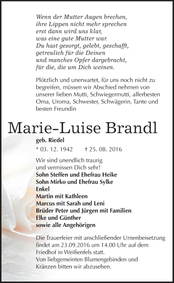Traueranzeige von Marie-Luise Brandl von Mitteldeutsche Zeitung Weißenfels