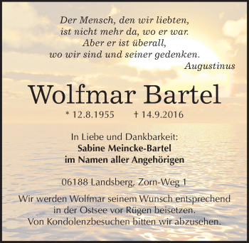 Traueranzeige von Wolfmar Bartel von Mitteldeutsche Zeitung Halle/Saalkreis