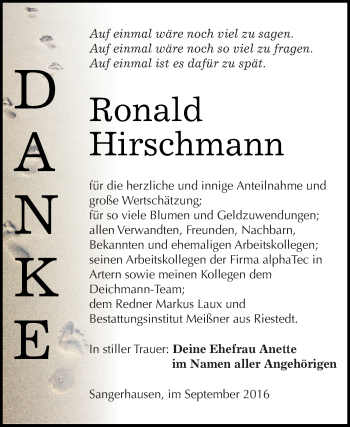 Traueranzeige von Ronald Hirschmann von Super Sonntag SGH Mansf. Land
