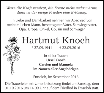 Traueranzeige von Hartmut Knoch von WVG - Wochenspiegel SGH