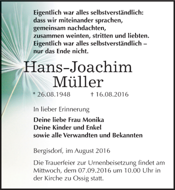 Traueranzeige von Hans-Joachim Müller von Mitteldeutsche Zeitung Zeitz