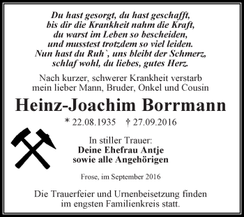 Traueranzeige von Heinz-Joachim Borrmann von Super Sonntag Aschersleben