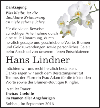 Traueranzeige von Hans Lindner von Mitteldeutsche Zeitung Bitterfeld