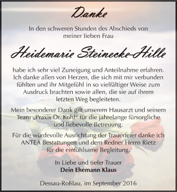 Traueranzeige von Heidemarie Steinecke-Hille von Mitteldeutsche Zeitung Dessau-Roßlau