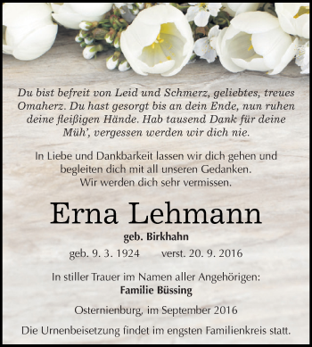 Traueranzeige von Erna Lehmann von WVG - Wochenspiegel Dessau / Köthen