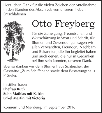 Traueranzeige von Otto Freyberg von Super Sonntag Bernburg