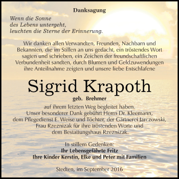 Traueranzeige von Sigrid Krapoth von Super Sonntag SGH Mansf. Land