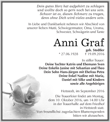 Traueranzeige von Anni Graf von Super Sonntag SGH Mansf. Land