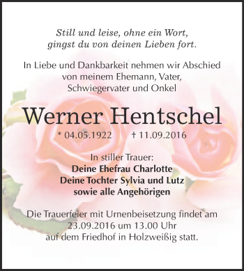 Traueranzeige von Werner Hentschel von WVG - Wochenspiegel Bitterfeld