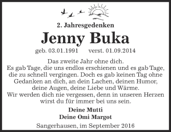 Traueranzeige von Jenny Buka von Super Sonntag SGH Mansf. Land