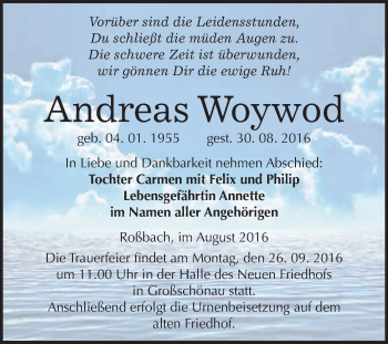 Traueranzeige von Andreas Woywod von WVG - Wochenspiegel Merseburg