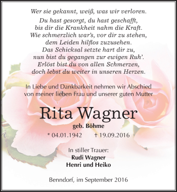 Traueranzeige von Rita Wagner von Mitteldeutsche Zeitung Mansfelder Land