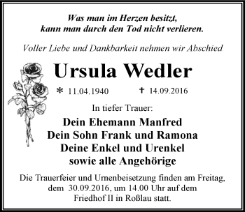 Traueranzeige von Ursula Wedler von Mitteldeutsche Zeitung Dessau-Roßlau