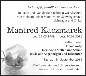 Traueranzeige von Manfred Kaczmarek von WVG - Wochenspiegel Wittenberg