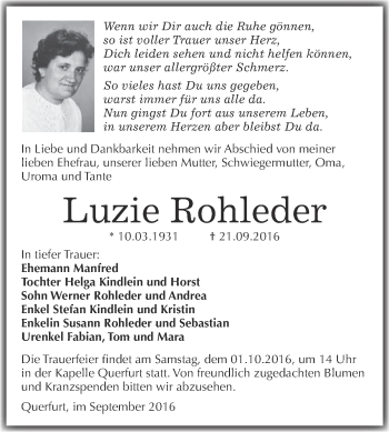 Traueranzeige von Luzie Rohleder von WVG - Wochenspiegel Merseburg