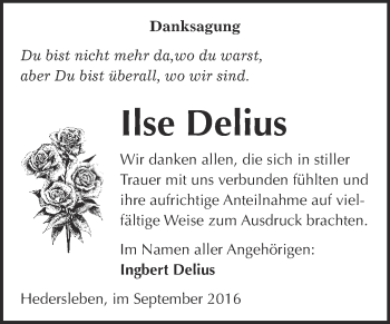 Traueranzeige von Ilse Delius von WVG - Wochenspiegel Quedlinburg